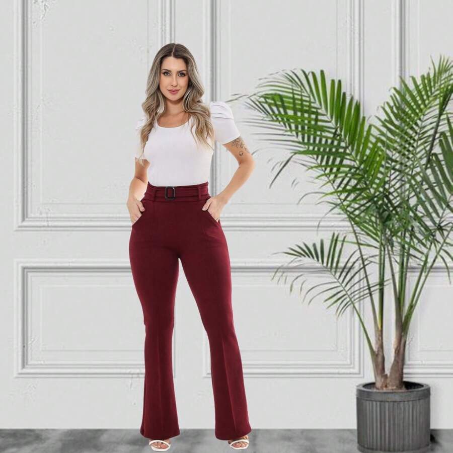 High Waist Flare Pants, Bell Bottom Flare Dress Pants In Crepe Knit Ref: CÇFLAI-2 - Màu Đỏ Sâu - Xem 1