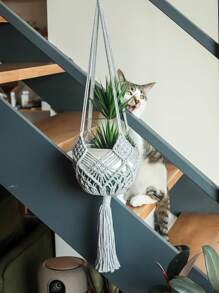 1pc Handmade Rope Tassel Decor Plant Pot Net Pouch, Home Indoor Decoration Plant Hanging Basket - Multicolor - View 9