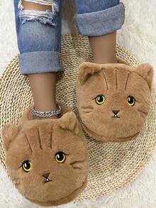 女士舒适轻便防滑全覆盖猫图案家居拖鞋，咖啡色 - 咖啡棕 - 查看 3