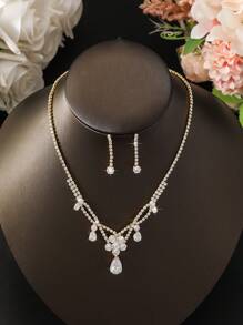 3PCS Golden Party Element Necklace Earrings Set Cubic Zirconia Studs Alloy Chain Bridal Wedding Dress Accessories - Multicolor - View 13