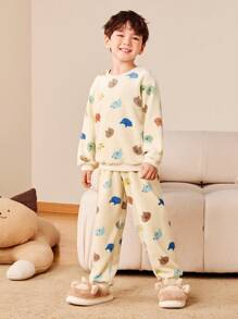 mini bala 男童和女童双面羊毛家居服睡衣套装婴儿加厚睡衣冬季系列 - 咖啡棕 - 查看 5