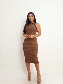 Women's Tube Dress Midi Tank Top Two-Tone Striped Sleeveless Basic Casual Fashion Blogger Foreign Summer - 鏽棕色 - 查看 1