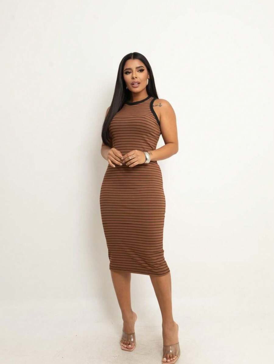 Women's Tube Dress Midi Tank Top Two-Tone Striped Sleeveless Basic Casual Fashion Blogger Foreign Summer - 鏽棕色 - 查看 1