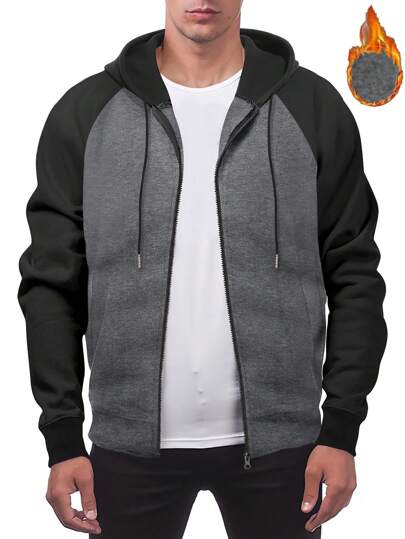 秋冬新款男士长袖连帽抓绒拼接撞色外套，休闲运动健身外套