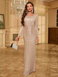 女士方领长袖闪亮亮片派对礼服、晚礼服 - 香檳色 - 查看 4