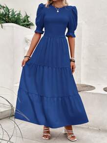 Women's Summer Dress Casual Crewneck Short Sleeve Smock Boho Flowy Dress Spring Summer Holiday Vacation Valentine Going Out Outfits - 寶藍色 - 查看 3