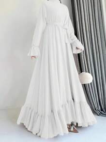 Ruffle Trim A-Line Modest Dress A029 Spring White - White - View 3