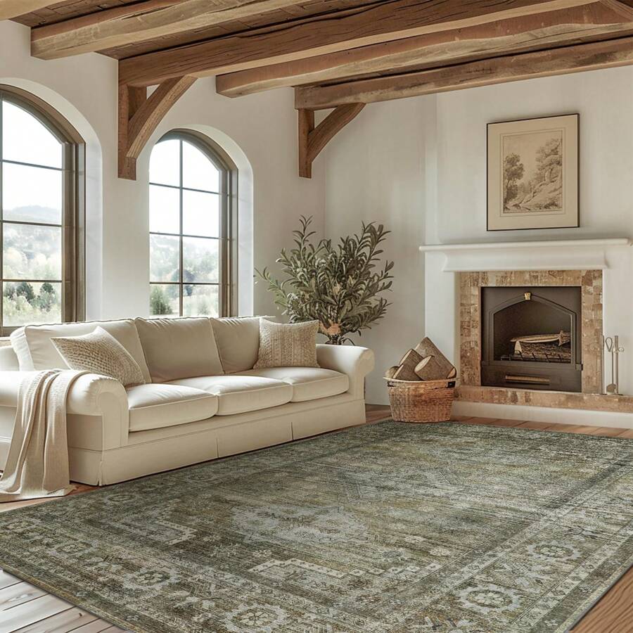 Washable Rug For Living Room Bedroom, Area Rugs Neutral Soft Vintage Print Carpet In Sage Green, Low Pile Mat With Non-Slip Rubber Backing - Cây xô thơm xanh - Xem 1