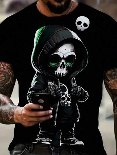 夏季男士骷髅图案印花 T 恤，男士时尚休闲短袖 T 恤