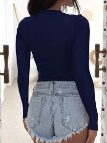 ملابس علوية محبوك بياقة على شكل حرف V مناسب للنساء، أكمام طويلة وقصير، لون أحادي مناسب لارتداء في عيد الحب - أزرق بحري - مشاهدة 6