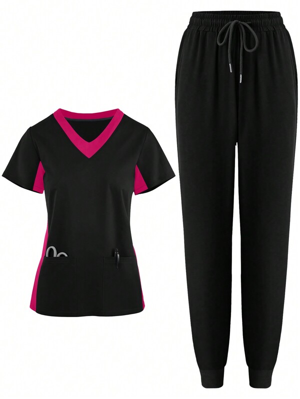 Women's Scrub Elastic Athletic Nursing Uniform Sets, Hospital Work Clothes - Contrast Trim, Pockets, Breathable