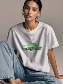 Women's Print Short Sleeve T-Shirt, Black & White Shirt, 180gsm Shirt, Crew Neck Short Sleeve T-Shirt, Breathable & Comfortable Casual Sports Fitness Tee, Casual Vintage Style, Suitable For Summer, Beach Holiday Crew Neck Short Sleeve Casual T-Shirt, Summer Tee