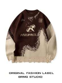 新款春秋季男士休闲摩托车拼接毛衣，圆领套头针织衫，修身短款毛衣 - 卡其色 - 查看 1