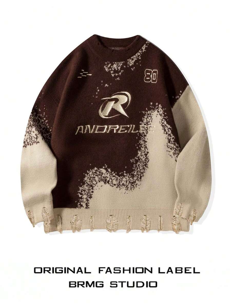 新款春秋季男士休闲摩托车拼接毛衣，圆领套头针织衫，修身短款毛衣 - 卡其色 - 查看 1