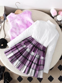 Bộ 3 món thời trang thu đông cho bé gái tuổi mới lớn: Áo khoác lông nhuộm màu tím, áo len cổ lọ kẻ sọc trắng và chân váy xếp ly kẻ caro tím - trắng - Xem 2