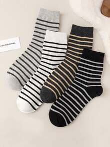 1 Đôi Tất Ống Trung Bình Bằng Vải Nhung Dày Dặn Thoải Mái Và Thân Thiện Với Làn Da Giữ Ấm Và Chống Lạnh, Tất Ống Trung Bình Sọc Hai Màu Cổ Điển Đơn Giản Và Đa Năng Dành Cho Nam Mùa Thu Và Mùa Đông - Nhiều màu - Xem 1