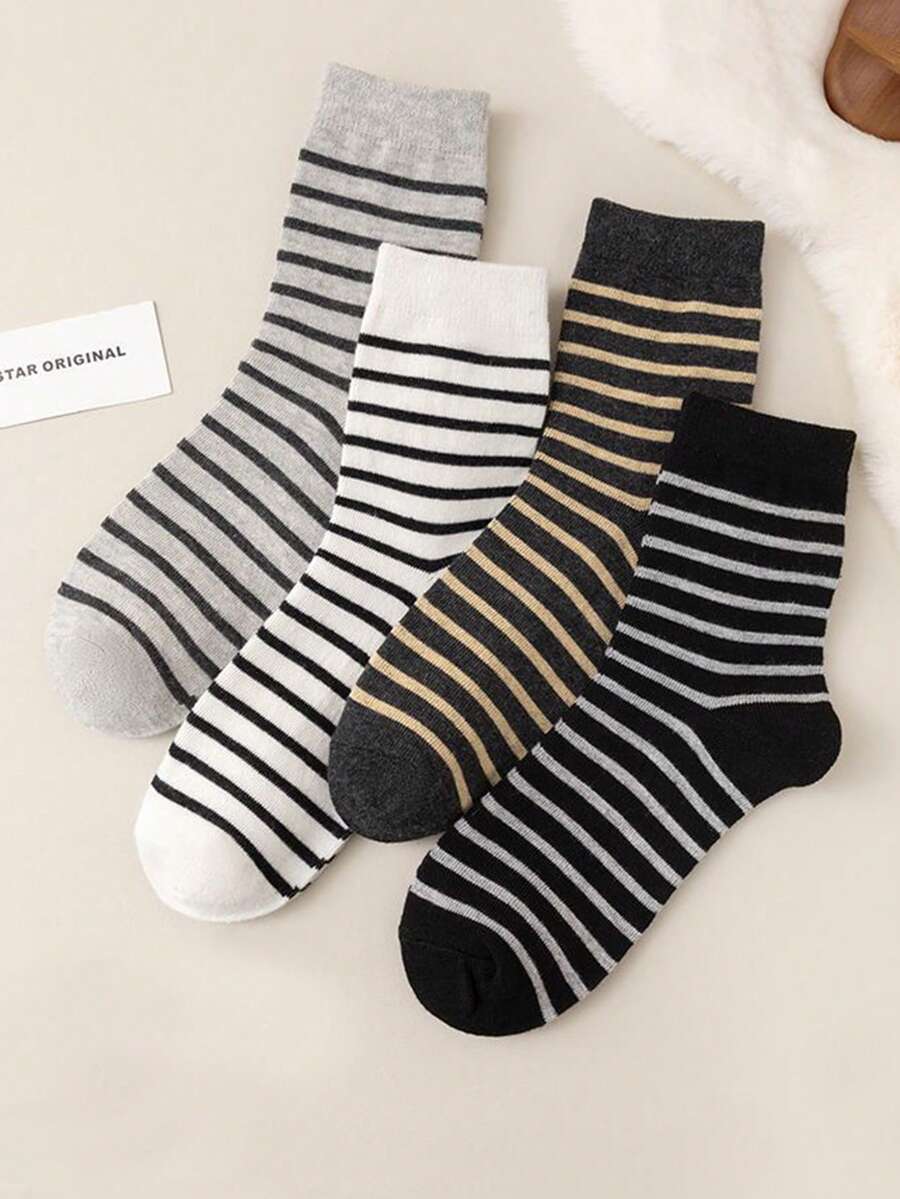 1 Đôi Tất Ống Trung Bình Bằng Vải Nhung Dày Dặn Thoải Mái Và Thân Thiện Với Làn Da Giữ Ấm Và Chống Lạnh, Tất Ống Trung Bình Sọc Hai Màu Cổ Điển Đơn Giản Và Đa Năng Dành Cho Nam Mùa Thu Và Mùa Đông - Nhiều màu - Xem 1