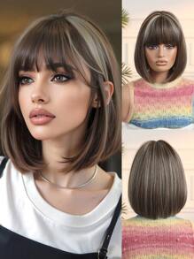 High Quality 14-Inch Short Straight Hair Wig For Women, Brown Highlights, Synthetic Wig With Bangs Bob Wig Suitable For Holiday Travel Family Party Cosplay Everyday Wear - 挑染棕色 - 查看 2