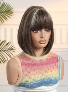 High Quality 14-Inch Short Straight Hair Wig For Women, Brown Highlights, Synthetic Wig With Bangs Bob Wig Suitable For Holiday Travel Family Party Cosplay Everyday Wear - 挑染棕色 - 查看 5