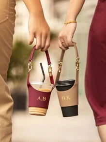 1pc Personalized PU Leather Tumbler Sleeve, Adjustable Detachable Hook And Loop Coffee/Drink Cup Holder, Heat Insulation, Carry Handle, Creative Gift For Valentine's Day, Birthday, Holiday, Etsy/ Custom Product, Personalized Gift For Her/Him, Parents Water Bottle