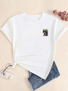 Retro Style Cotton T-Shirt Blouse Soft Printed Comfort Premium Breathable Text Pattern - 白色的 - 查看 2