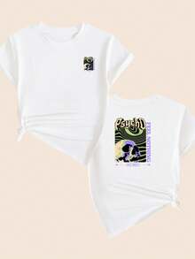 Retro Style Cotton T-Shirt Blouse Soft Printed Comfort Premium Breathable Text Pattern - 白色的 - 查看 1