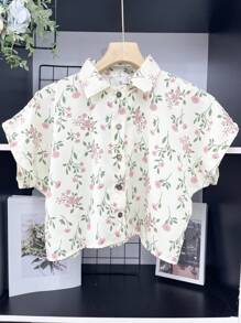 ELLIE Casual Striped Print Loose Cropped Shirt - 白花 - 查看 1