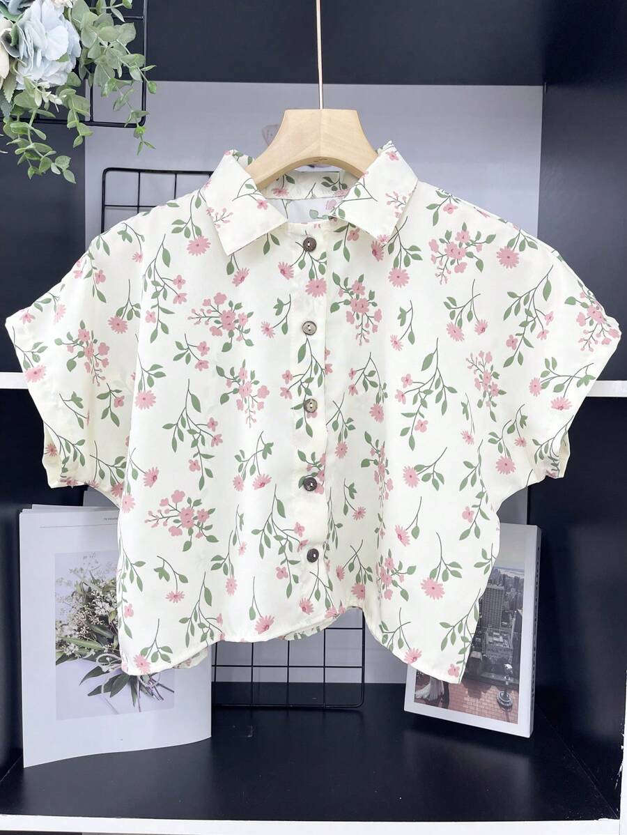 ELLIE Casual Striped Print Loose Cropped Shirt - 白花 - 查看 1