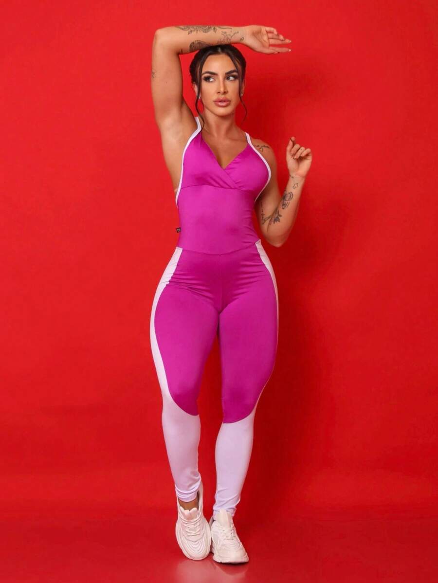 GT MODA FITNES Long Polyester Suplex Jumpsuit - Màu Hoa hồng đỏ - Xem 1