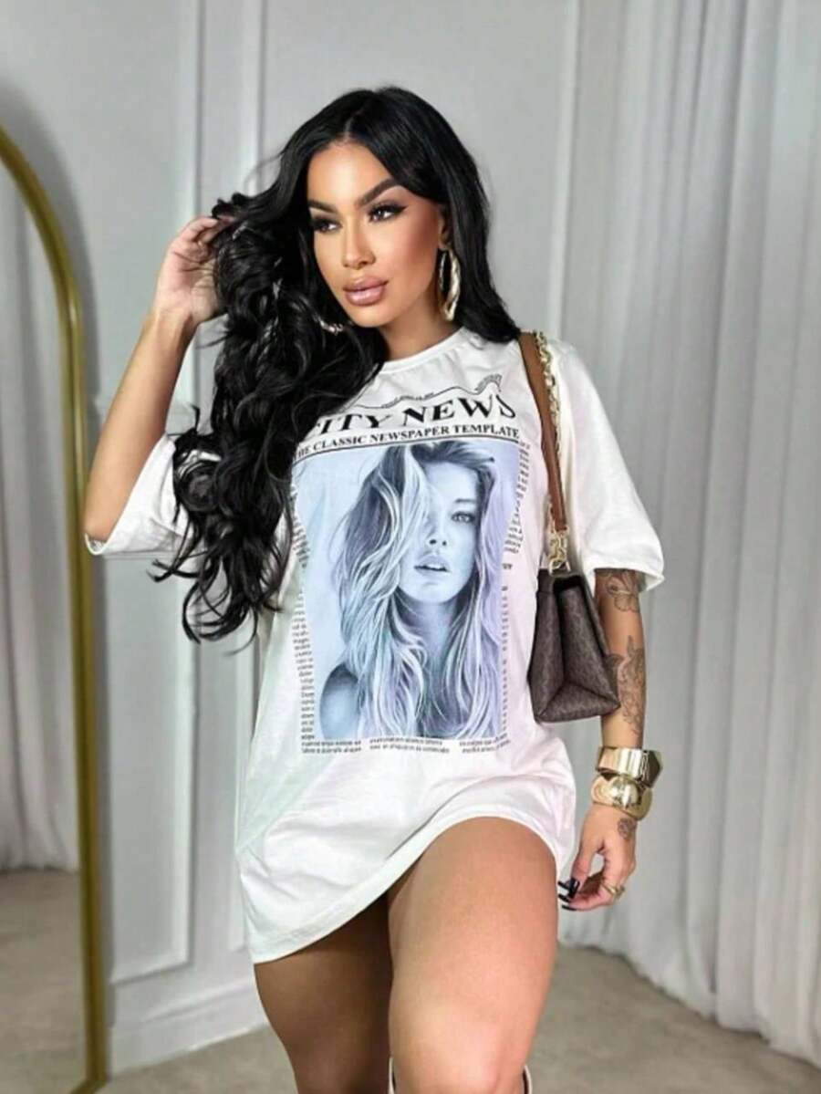 Women's Short Sleeve Oversided Round Neck Shirt, Elastane And Cotton Fabric, Printed City New, Classic, PeB, Comfortable, Elegant, Parties, Trap, Rap, Stylish, Beautiful, Promotion, Summer Fashion 2025 - 白色 - 查看 1