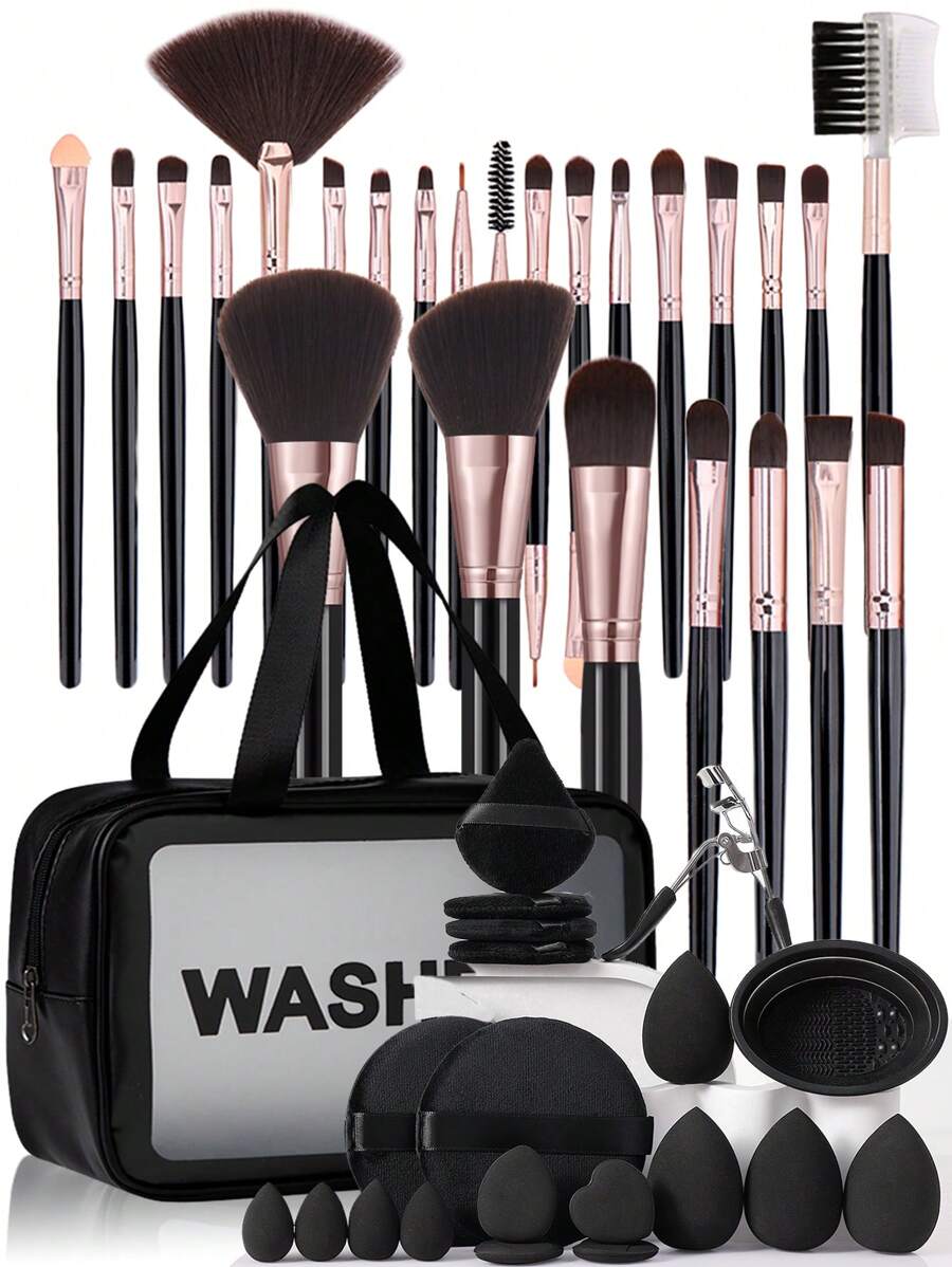 46件套化妆刷和海绵工具套装。包括25支化妆刷、4个化妆海绵、4个三角粉扑、4个指套化妆海绵、4个迷你化妆海绵、1个化妆刷清洁碗、2个圆形粉扑、1个化妆包/清洁袋、1个睫毛夹。 - 黑色 - 查看 1