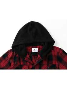 连帽格子休闲男士长袖衬衫 - 紅色 - 查看 5