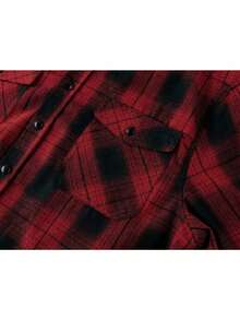 连帽格子休闲男士长袖衬衫 - 紅色 - 查看 6