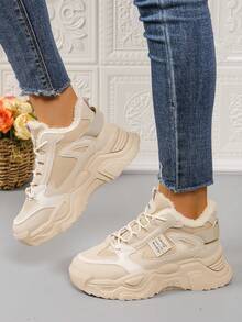 秋冬季保暖内衬厚底厚底运动鞋，休闲透气运动鞋，百搭防滑平底圆头系带旅游鞋 - 杏色 - 查看 5