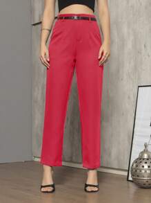 OUR FASHION Palazzo Pants With Black Belt / Color Military Green, Black, , Brown / Tailoring / Palazzo Pants / Summer, Winter / Christmas Collection / Elegant / Casual / Stylish / Feminine / Christmas Look / Light / Comfortable / 2024 Collection - 紅色 - 查看 1