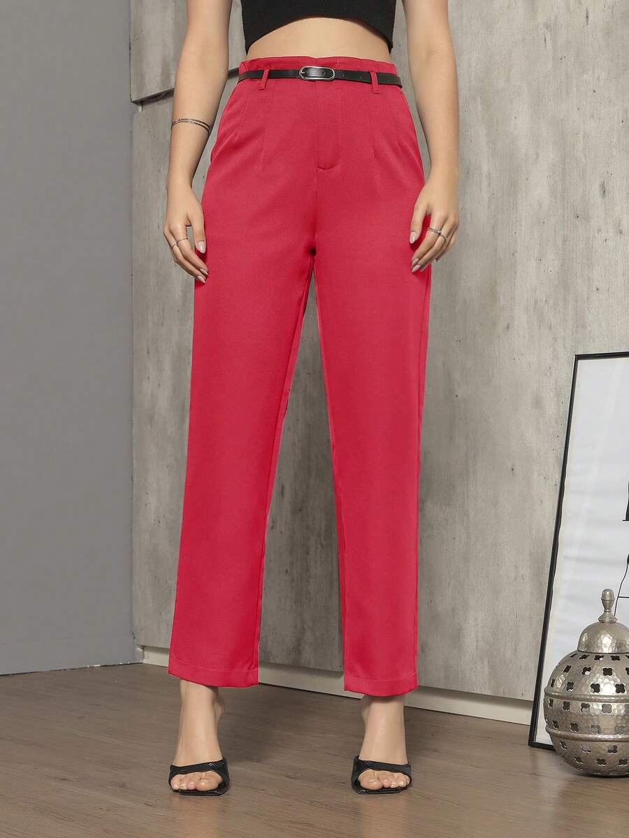 OUR FASHION Palazzo Pants With Black Belt / Color Military Green, Black, , Brown / Tailoring / Palazzo Pants / Summer, Winter / Christmas Collection / Elegant / Casual / Stylish / Feminine / Christmas Look / Light / Comfortable / 2024 Collection - 紅色 - 查看 1