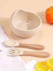 3入組嬰兒餵食器具套裝，一個帶吸盤底的矽膠碗和木柄匙叉，容易清洗，適用於日常使用和戶外活動的兒童餐具 - 卡其色 - 查看 10