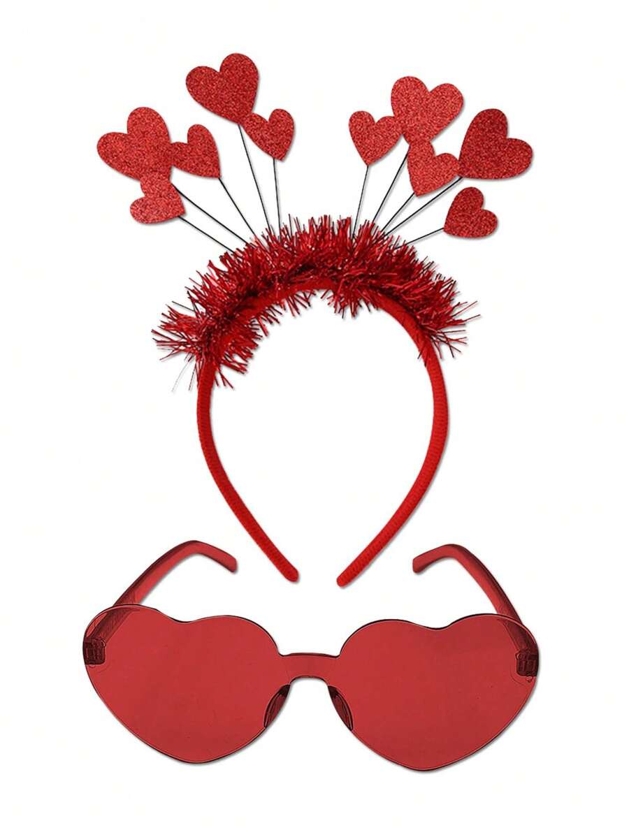 2件套/1件装 - 红色心形亮片发箍和无框心形眼镜，情人节服装配饰，派对眼镜