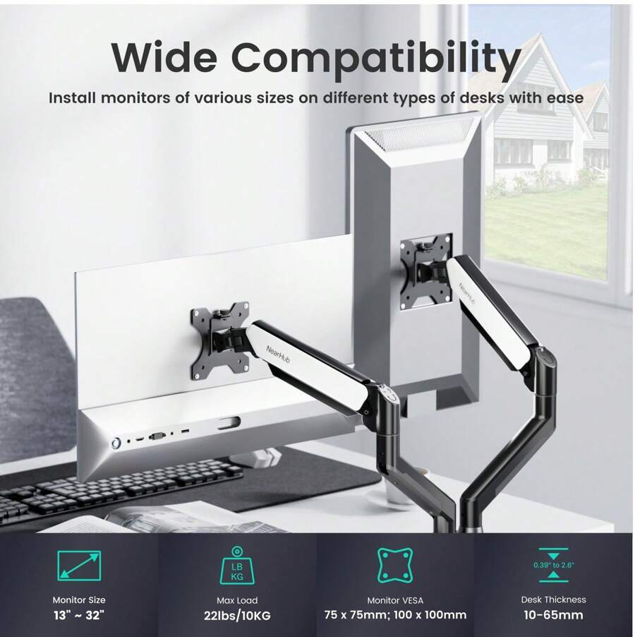 FREE Shipping NearHub Dual Monitor Arm For 13-32" Screens | Gas Spring Height Adjustment, 360° Rotation | VESA 75/100 | C-Clamp & Grommet Mount - Black - View 1