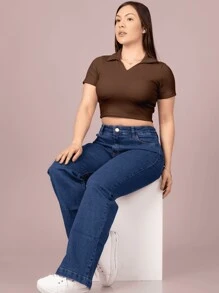 Women's Cropped Top Short Sleeve Polo Neck Blouse Women's Summer Casual - Rỉ Nâu - Xem 5