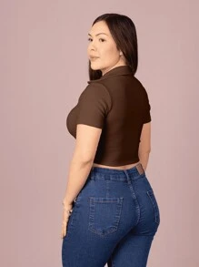 Women's Cropped Top Short Sleeve Polo Neck Blouse Women's Summer Casual - Rỉ Nâu - Xem 2