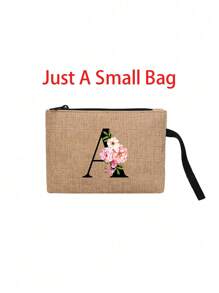 两件套，包含一个粉色花朵黑色字母亚麻手提包（可定制姓名首字母）和一个配套小包，简约优雅，可作为伴娘婚礼礼物、化妆包或旅行收纳包。 - 卡其色 - 查看 20