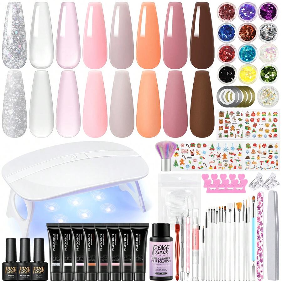 peacecolor 38 件装聚氨酯指甲油套装，带防滑液 UV 指甲灯 7ML 底漆和哑光亮面漆，美甲工具，快速成型模具和透明假指甲固定夹，指甲装饰闪光，适用于白色、粉色、棕色、透明橙色聚氨酯延长凝胶套装，适合女性女孩 DIY 美甲凝胶礼物 - 彩色 - 查看 1