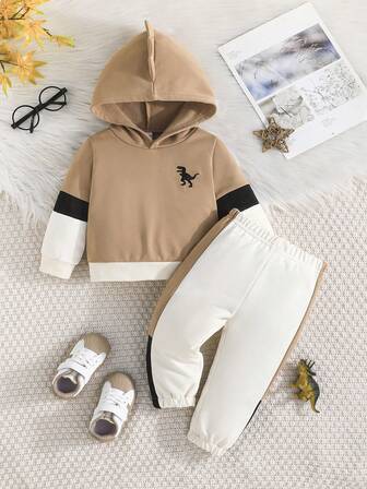 Set de 2 piezas para niños pequeños: sudadera con capucha con dinosaurio bordado y costuras, y pantalones con costuras, conjunto casual de exteriores para otoño