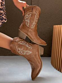 4 Season New Mid-Calf Boots Women Leather Pointed Toe Embroidery Sexy Vintage Western Boots, Brown V-Cut Low Heel Slip-On Fashion Short Ankle Boots - Brown - View 2