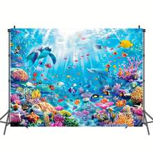Underwater Paradise Photography Backdrop - Featuring Sea Turtles, Fish And Coral Patterns | Multipurpose Polyester Banner, Suitable For Birthday Parties, Cake Tables Decor And Summer Events - 1 - View 3