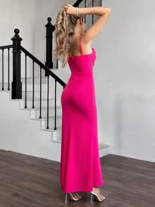 女士优雅船领美人鱼亮片荷叶边长裙 - 玫紅色 - 查看 2