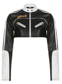 Apperloth A Y2K Street American Street Mock Neck Rits Patchwork Letter Borduurwerk PU Leren Motorfiets Crop Jack