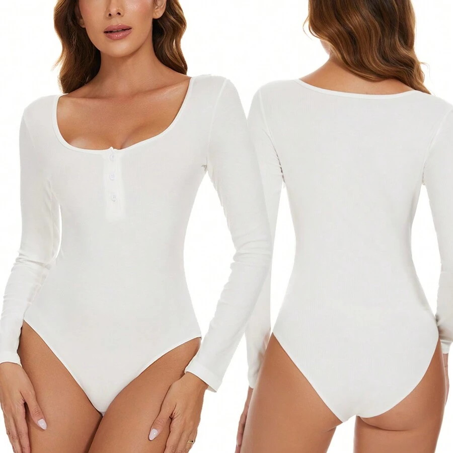 Women Scoop Neck Bodysuit Long Sleeve Top Slim Fit Underwear Button Design Ribbed
