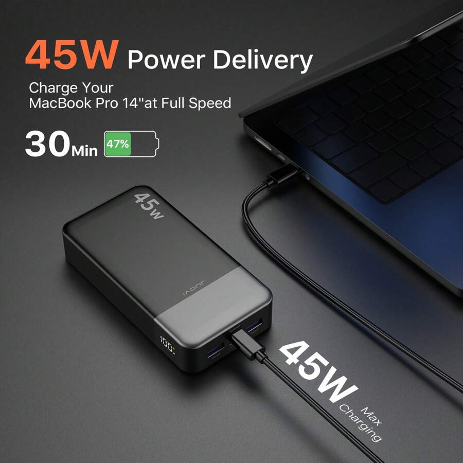 JUOVI 移动电源便携式充电器,20000mAh 45W PD3.0 QC 4.0 快速充电电池组带 LED 显示屏,2 个 USB-C、2 个 USB-A 适用于 iPhone 15,蓝色、绿色安全稳定适合户外玩耍、购物、旅行、适用于 Apple iPhone、iPad、Android 手机的便携式电源,适合家人、朋友、生日、圣诞节、冬季、新年的礼物 - 黑色 - 查看 1